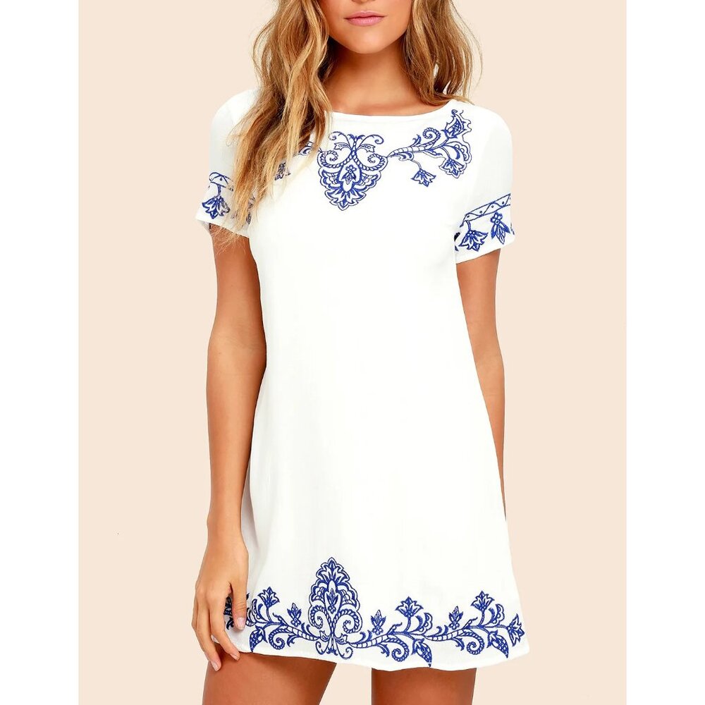 Blue & Ivory Embroidered Dress - XS, fits like a S